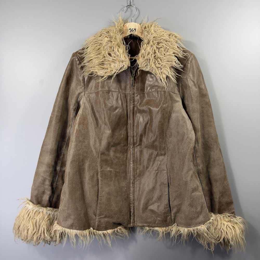 Boutique Europa Penny Lane Leather Jacket Womens Large Brown Faux Fur Trim